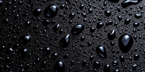 Dark, glistening water droplets on a black surface