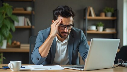 Fototapeta premium Young indian eastern tired exhausted business man rubbing eyes sitting in modern home office with laptop on desk. Overworked burnout academic Hispanic student with glasses, created with generative ai 