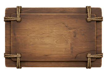 Old wooden sign with rope corners isolated on transparent background