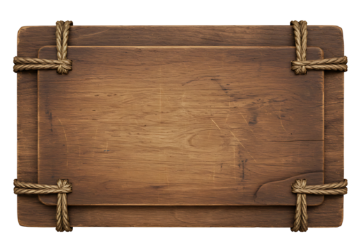 Old wooden sign with rope corners isolated on transparent background