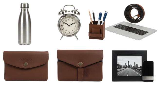 LIFESTYLE - Flat lay of travel essentials including stainless steel water bottle, vintage alarm clock, leather wallets, pen holder, smartphone, and cityscape photograph - Powered by Adobe