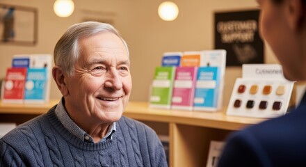 Smiling senior man talking to a customer service representative at a counter