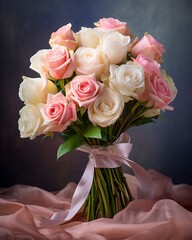 A luxurious bouquet of pink and white roses wrapped in silk paper softfocus background  flower photography