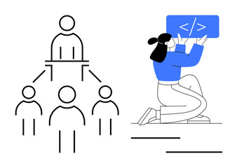 Organizational chart with leader connecting team members alongside a coder holding a script interface. Ideal for teamwork, leadership, development, programming, digital solutions, collaboration