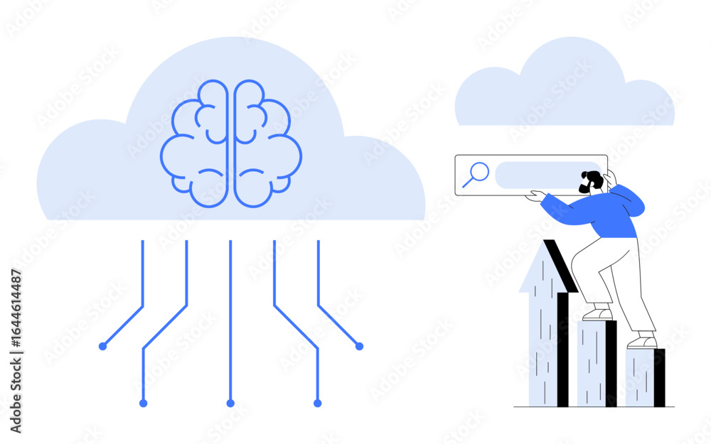 Poster cloud with brain design connecting to data, person climbing bar graphs with search bar. ideal for ai