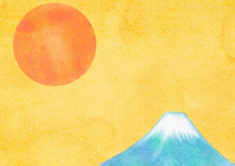 水彩で描いた富士山と太陽のイラスト