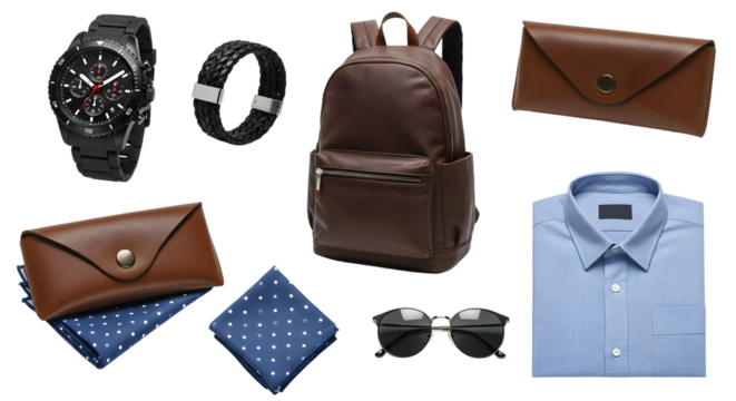 LIFESTYLE - Mens fashion accessories and essentials including wristwatch, fitness band, leather backpack, sunglasses, blue dress shirt, pocket squares, and leather wallets on white background