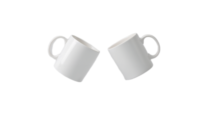 Two white ceramic coffee mugs clinking together in a toast, isolated on a plain white background. Mockup for branding or design.