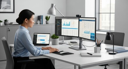 A woman working at a desk with a laptop and three monitors, focused on a spreadsheet.