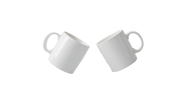 Two white ceramic coffee mugs clinking together in a toast, isolated on a plain white background. Mockup for branding or design. - Powered by Adobe