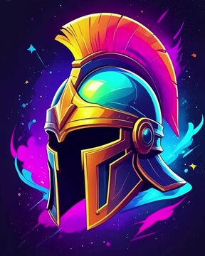 A vibrant futuristic Spartan helmet glowing with neon colors against a dark cosmic background. movement video	
