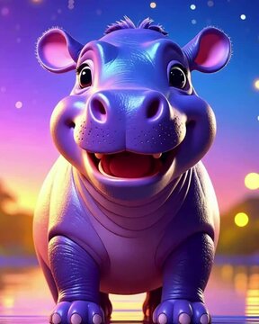 A cute, cartoonish purple hippo smiles brightly against a vibrant sunset, reflecting joy and playfulness in a serene water setting. jumping happy video