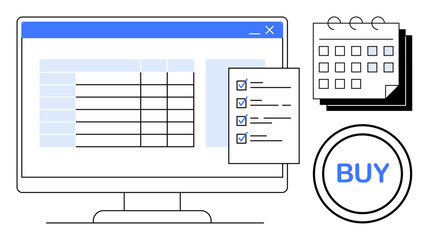 Computer screen with table, checklist, calendar, and Buy button promoting seamless task planning, e-commerce, productivity. Ideal for organization, reminders, scheduling project planning digital