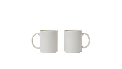 Two white ceramic mugs isolated on a white background, perfect for coffee, tea, or hot beverages.