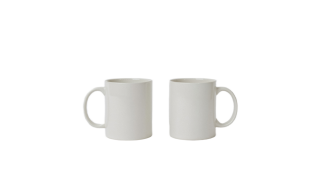 Two white ceramic mugs isolated on a white background, perfect for coffee, tea, or hot beverages.
