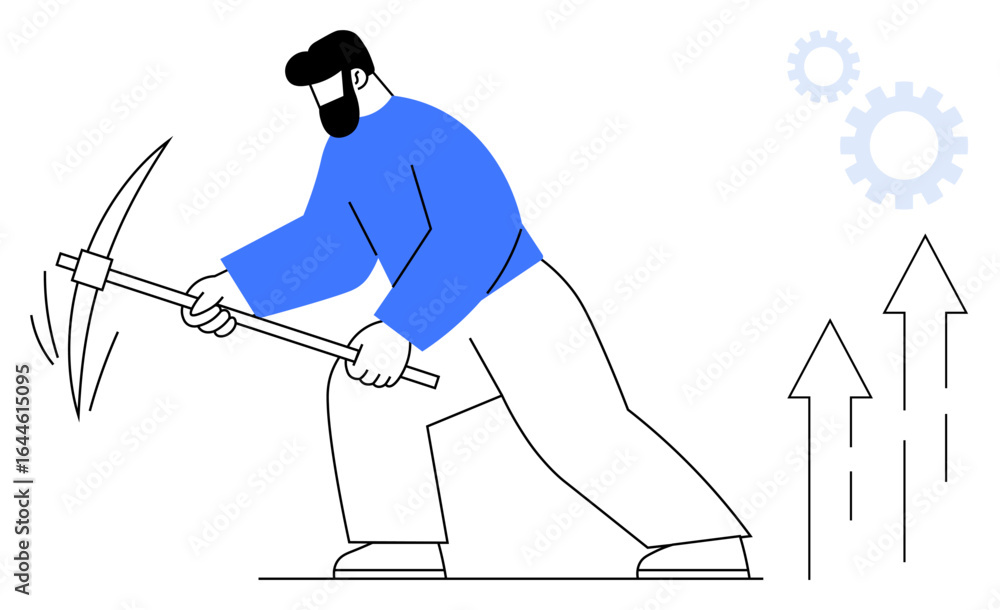 Poster man striking with pickaxe, adjacent upward arrows and minimal gears highlight themes of hard work, d