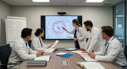 Obraz premium Group of Doctors Discussing Medical Data and Research on Screen in Meeting Room