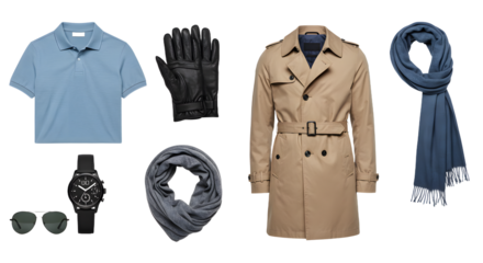 LIFESTYLE - Stylish men's fashion essentials including beige trench coat, light blue polo shirt, black leather gloves, blue scarves, black sunglasses, and black wristwatch set