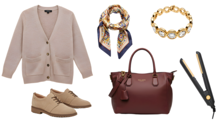 LIFESTYLE - Stylish women's fall outfit flat lay with beige cardigan, oxford shoes, patterned scarf, gold bracelet, burgundy handbag, and black hair straightener