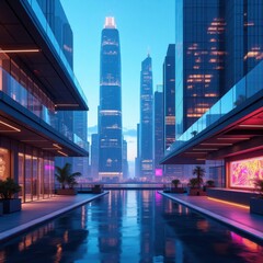 Obraz premium Modern Cityscape with Reflective Water Feature and Towering Skyscrapers at Dusk