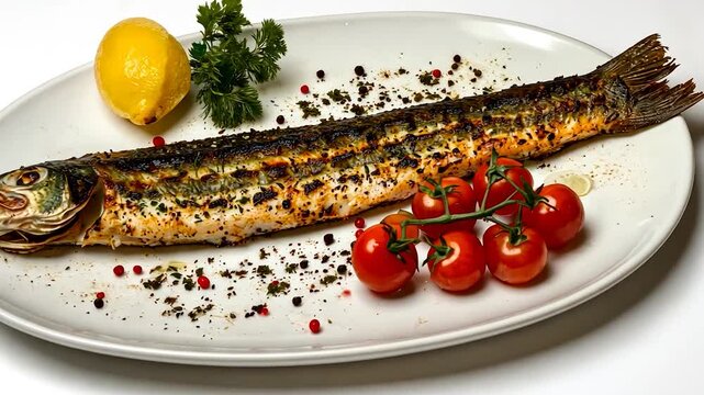 Grilled fish with cherry tomatoes and lemon