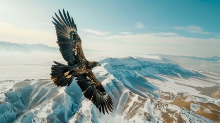 A majestic eagle soaring over a mountain range during National Bird Watching Day its wings fully extended piercing eyes focused Wild powerful highquality stock