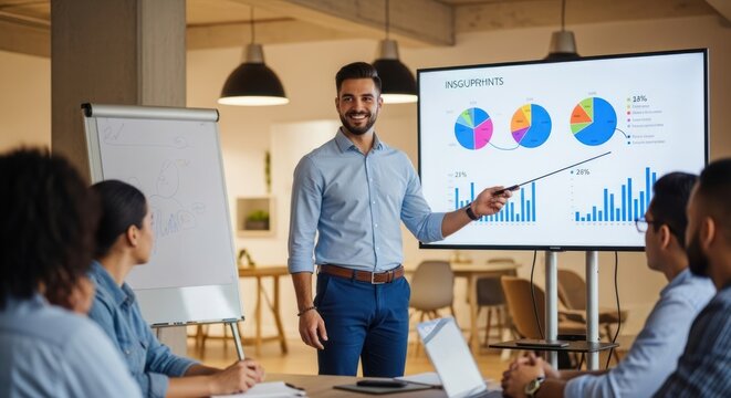 A man giving a presentation in a modern office with a large screen and flip chart. - Powered by Adobe