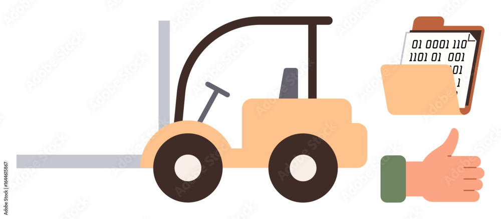 Poster forklift with prongs extended, data folder and binary digits, thumbs-up gesture. ideal for logistics