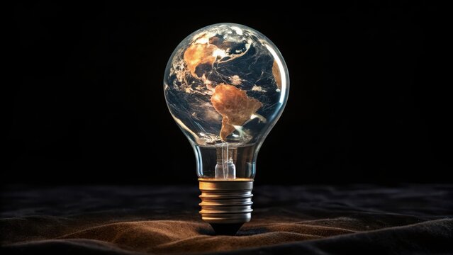 Earth planet inside a lit light bulb on a dark textured surface globe idea - Powered by Adobe