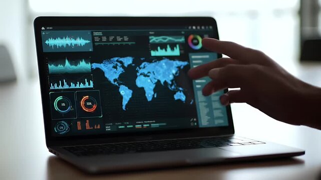 A person in a suit works on a laptop with glowing digital elements.