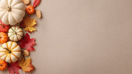 Fototapeta premium Top-down flat lay of small orange and white pumpkins with red and yellow autumn leaves on a vertical border left side, light brown background, ample copy space for Thanksgiving designs
