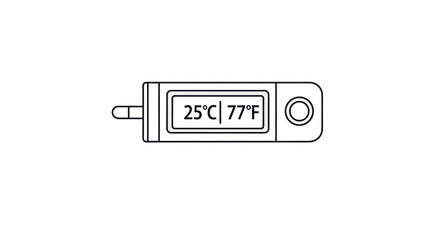 A simple line art illustration of a digital thermometer displaying a temperature of 25°C and 77°F.