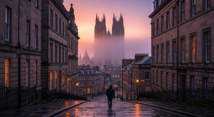 Obraz premium Lone Person Walking Down Cobblestone Street Towards Foggy Cathedral at Dawn or Dusk