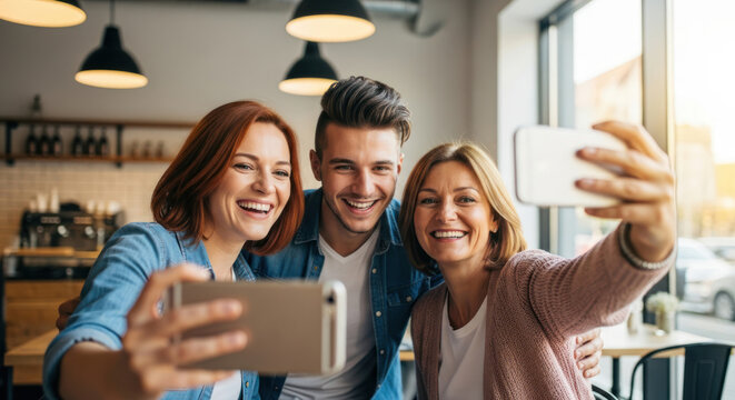 Three friends taking a selfie in a cafe.