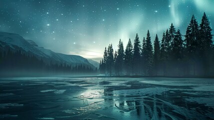A mesmerizing view of the Northern Lights dancing over a frozen lake silhouetted by dark pine trees celebrating International Astronomy Day Celestial aweinspiring stock