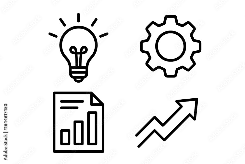 Poster vector line icon set for business development. includes idea lightbulb, process gear, data analytics
