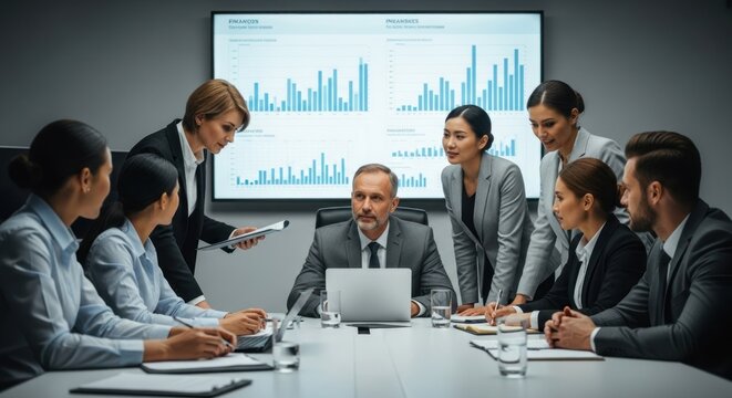 A business meeting in a conference room with a large screen displaying financial data.