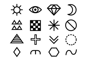 Black geometric symbols set. Minimalist abstract icons collection. Sacred geometry, alchemy, mystic, spiritual signs. Vector for tattoo, logo, modern art. Sun, eye, moon shapes.