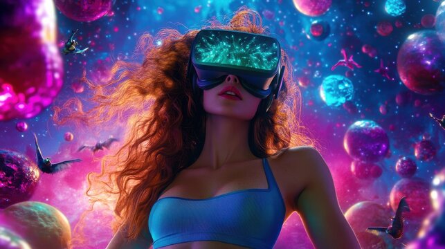 Awestruck young woman in virtual reality with fantastical creatures - Powered by Adobe