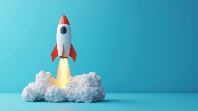 A cartoon rocket ship taking off from a cloud against a blue background.