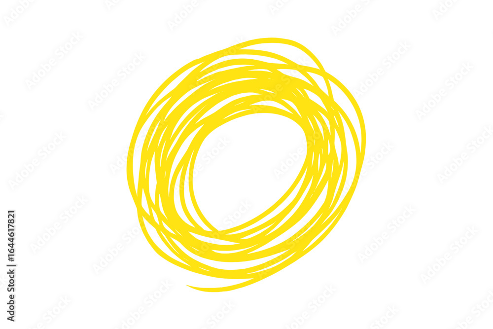 Poster hand drawn yellow scribble circle. doodle round frame. abstract chaotic line art. highlighter marker