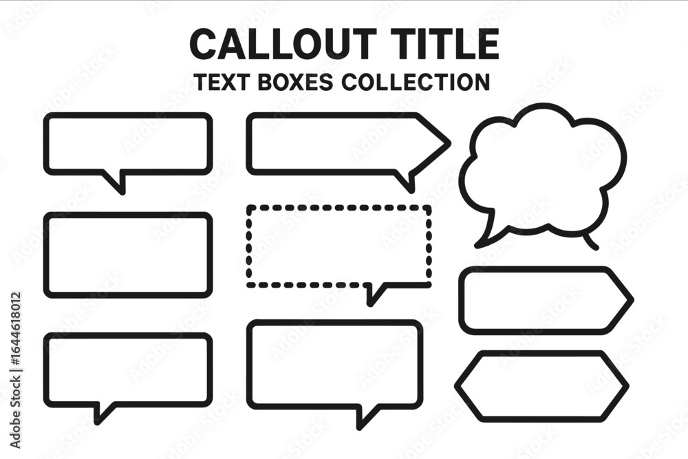 Poster vector set of callout titles and text boxes. collection for digital media. speech bubbles, dialog cl