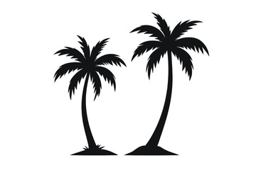 Black palm tree silhouettes vector icon set. Tropical island summer vacation design element. Exotic beach coconut tree logo concept. Nature illustration isolated on white background.