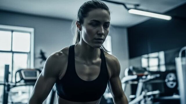 Determined Athletic Woman Powerfully Rises During an Intense Weightlifting Session in a Modern Gym