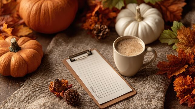 Autumnal planner, pumpkins, coffee