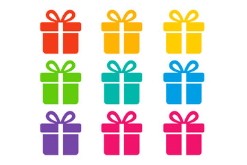Colorful gift box icon set. A vector collection of simple flat present symbols with ribbons. For holiday, birthday, Christmas, or celebration designs. Isolated illustration.