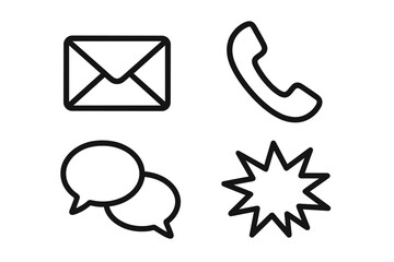 Communication line icon set. Contact us vector symbols for web and mobile. Outline collection with email, phone, chat bubble, and alert burst for business support.