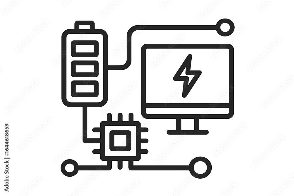 Aufkleber electronic circuit system with battery power, microchip processor, and computer display. vector icon