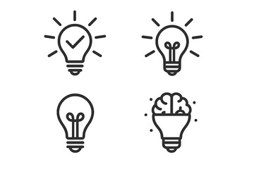 Creative lightbulb icon set. Symbol for innovation, idea, and brainstorming. Light bulb and brain vector icons. Concept for solution, thinking, success, and inspiration.