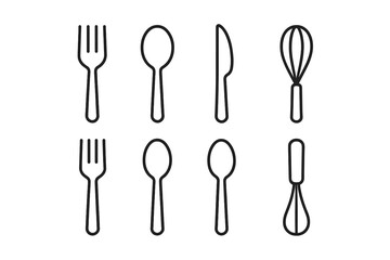 Cutlery icon outline set. Kitchenware line art collection. Includes fork, spoon, knife, whisk. Vector symbols for dining, cooking, restaurant menu, tableware graphics.